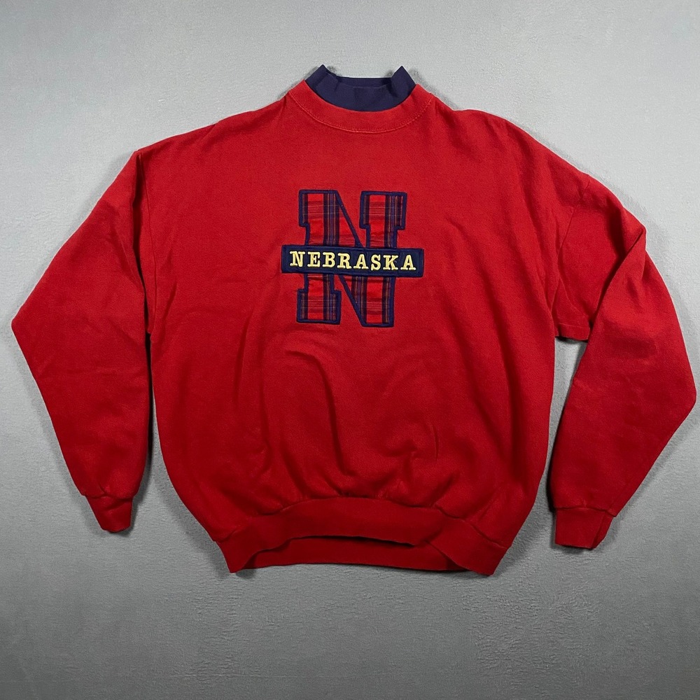 Vintage Santee Nebraska Sweatshirt Mens XL Red Pluma Mock Neck Plaid USA Made‎